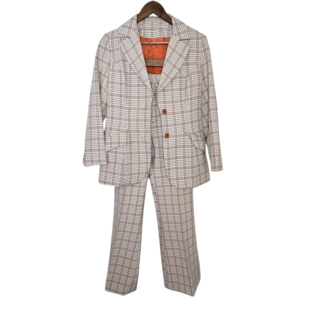H Bar C Ranchwear Beige & Brown Checkered Pantsuit W/ Flair Pleated Pant Sz S